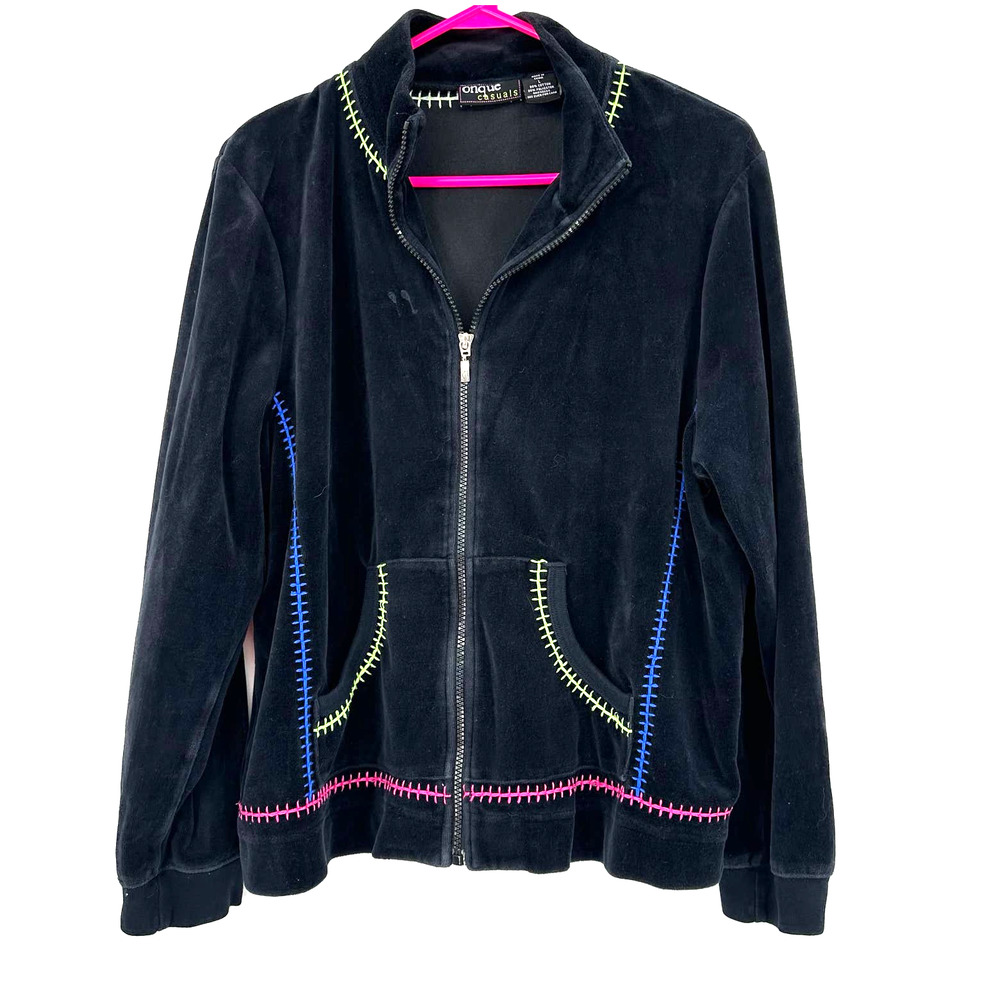 Onque Casuals size large black full zip lightweight jacket velour pink blue